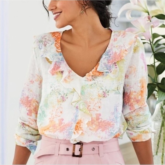 Soft Surroundings | Feminine Cottagecore  Linen Watercolor Ruffle Blouse | M - Picture 1 of 12